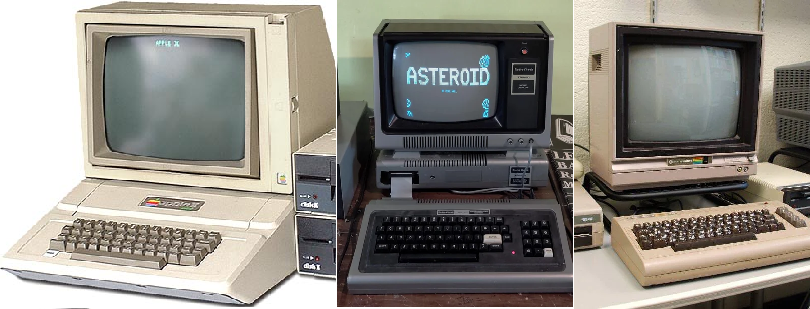 Composite vintage picture of the microcomputer trinity: Apple II, Commodore PET, and Tandy TRS-80; Move over Neo!